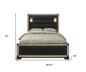 Black Faux Crystal Bling Wood And Upholstery Lighted Queen Bed Frame