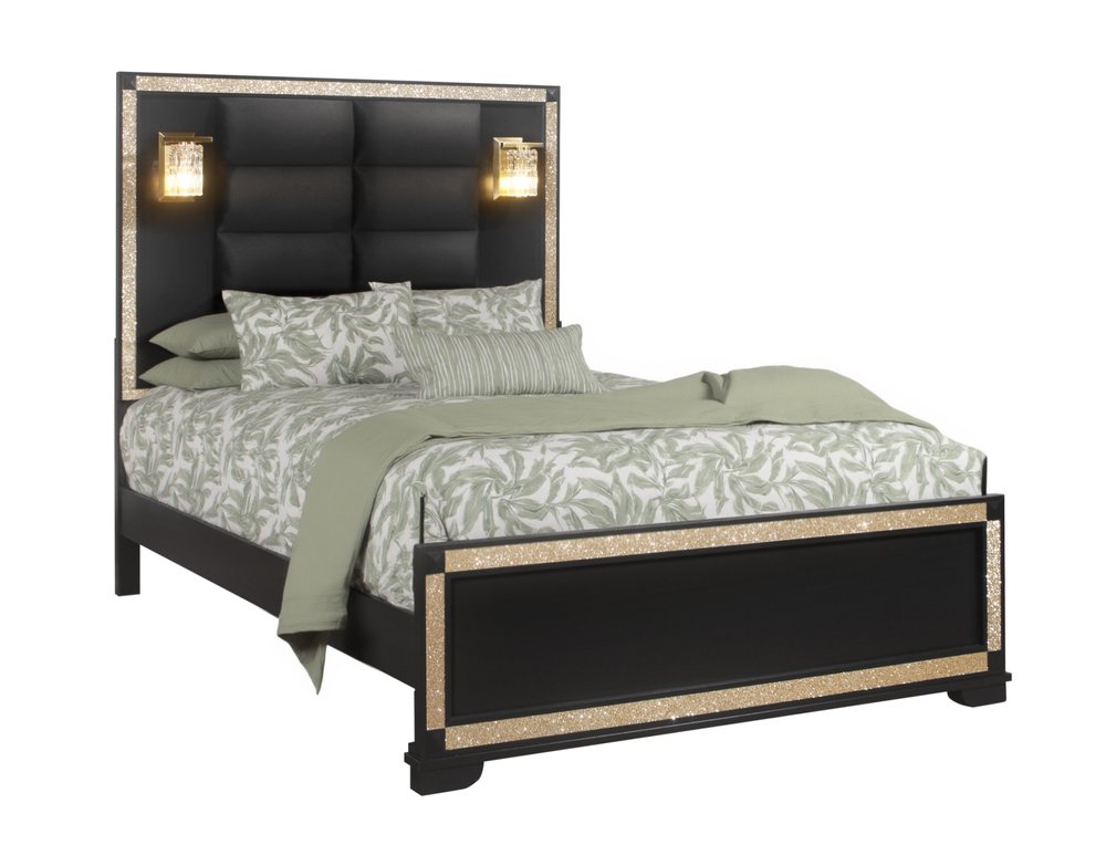 Black Faux Crystal Bling Wood And Upholstery Lighted Queen Bed Frame