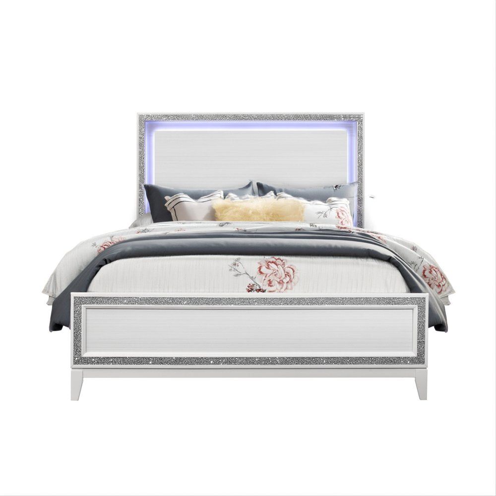 White Wood and Faux Crystal Bling Lighted King Bed Frame