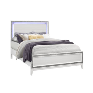 White Wood and Faux Crystal Bling Lighted King Bed Frame