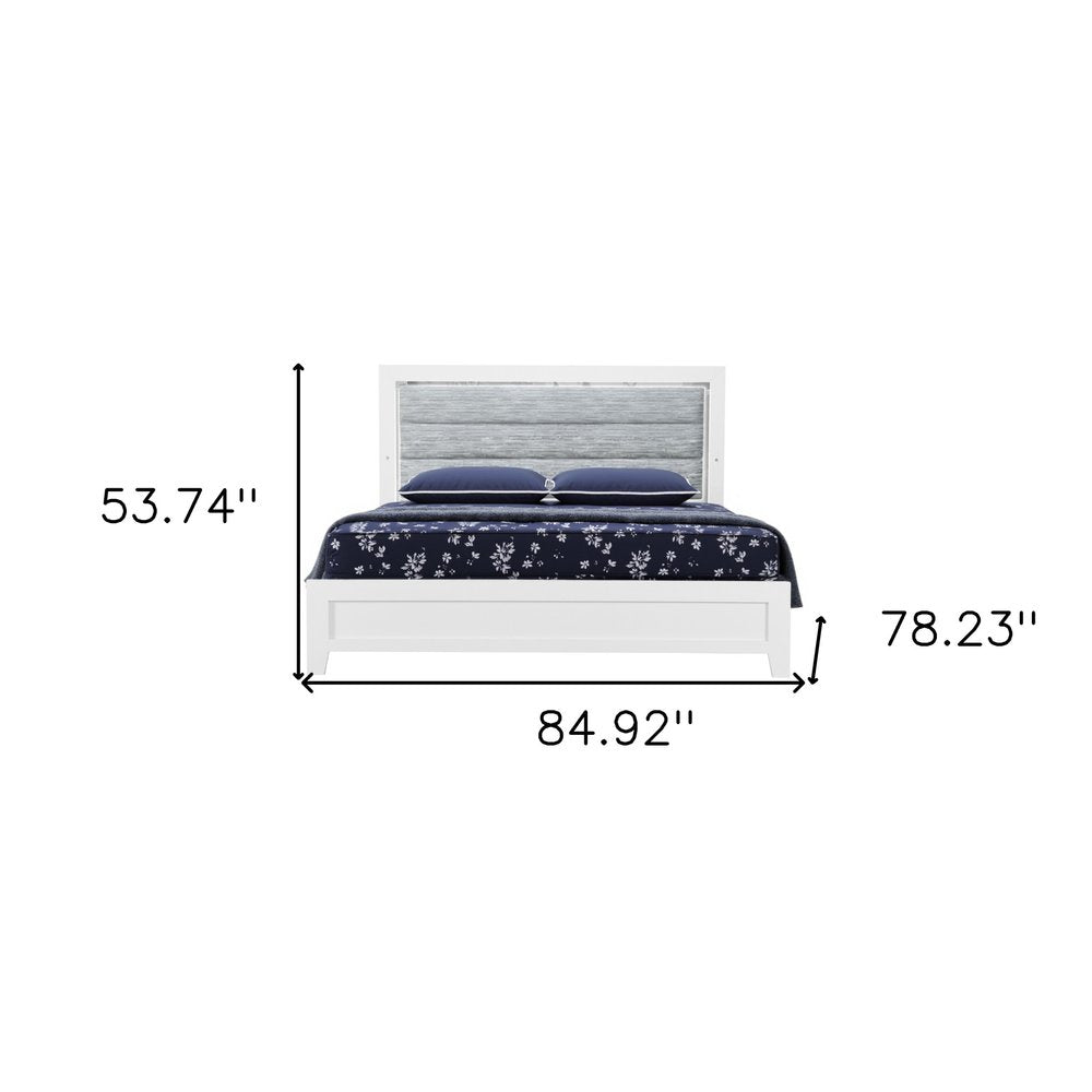 White and Light Gray Ribbed Texture Wood And Upholstery Lighted King Bed Frame