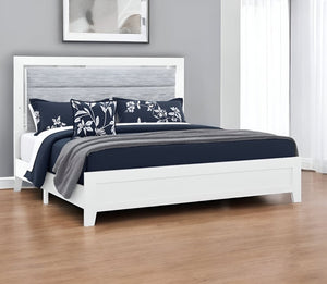 White and Light Gray Ribbed Texture Wood And Upholstery Lighted King Bed Frame