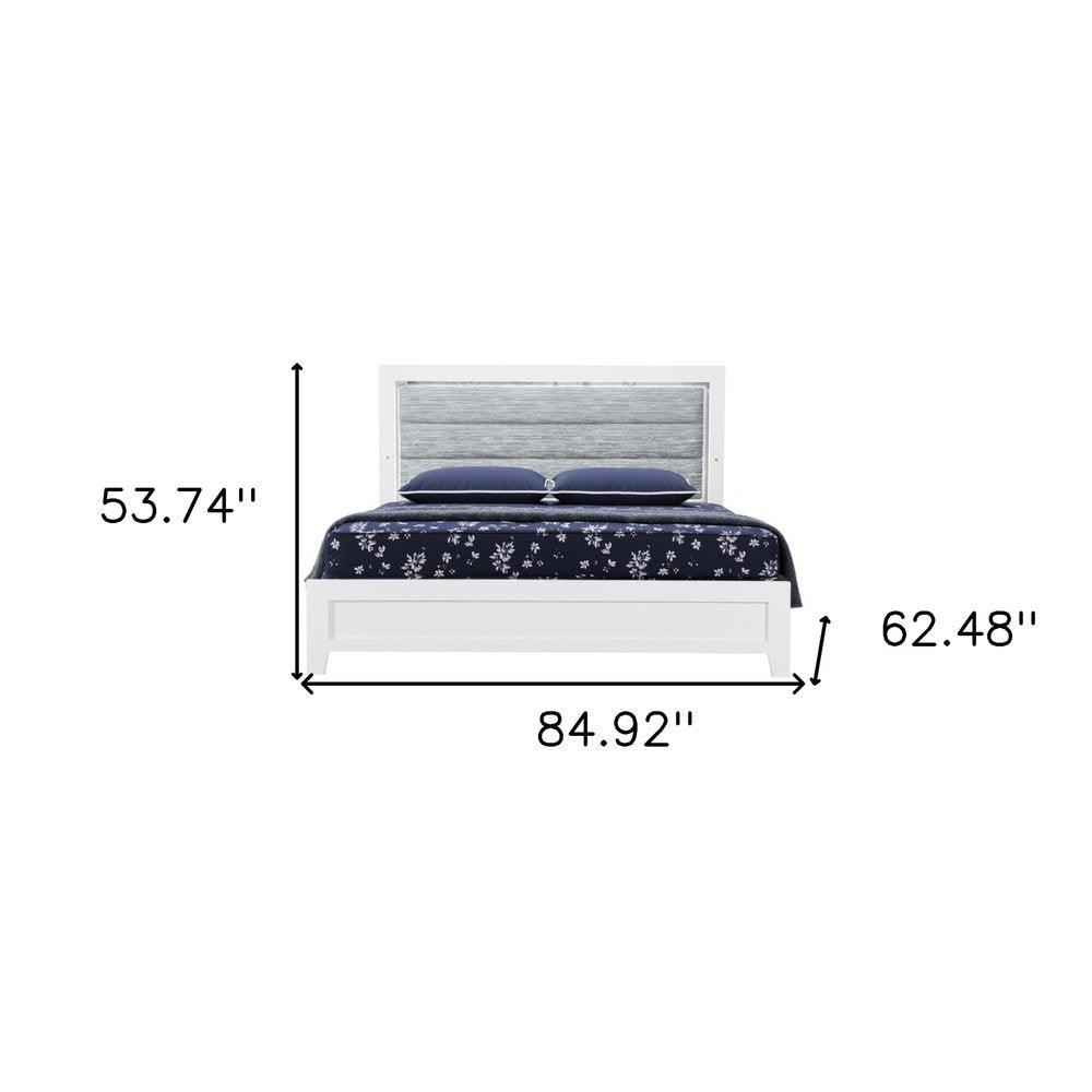 White and Light Gray Ribbed Texture Wood And Upholstery Lighted Queen Bed Frame