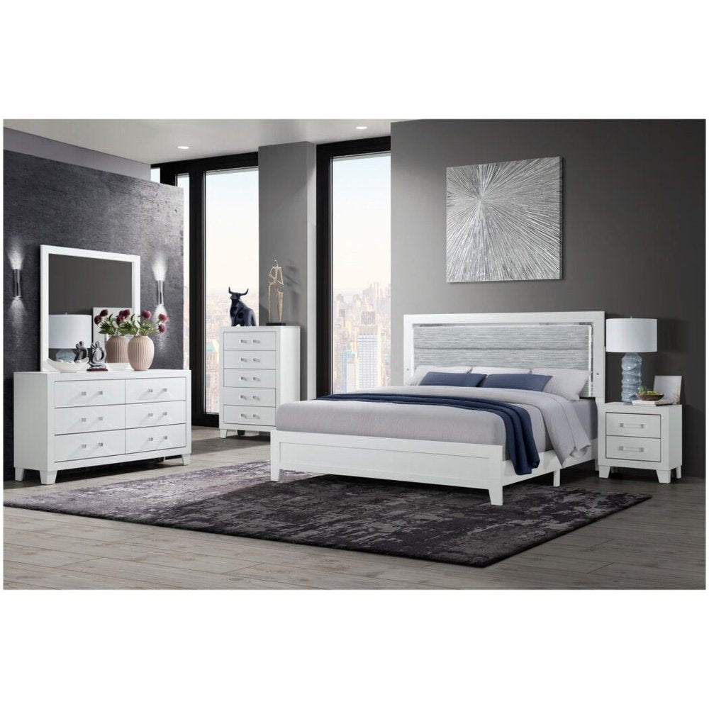 White and Light Gray Ribbed Texture Wood And Upholstery Lighted Queen Bed Frame