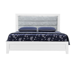 White and Light Gray Ribbed Texture Wood And Upholstery Lighted Queen Bed Frame