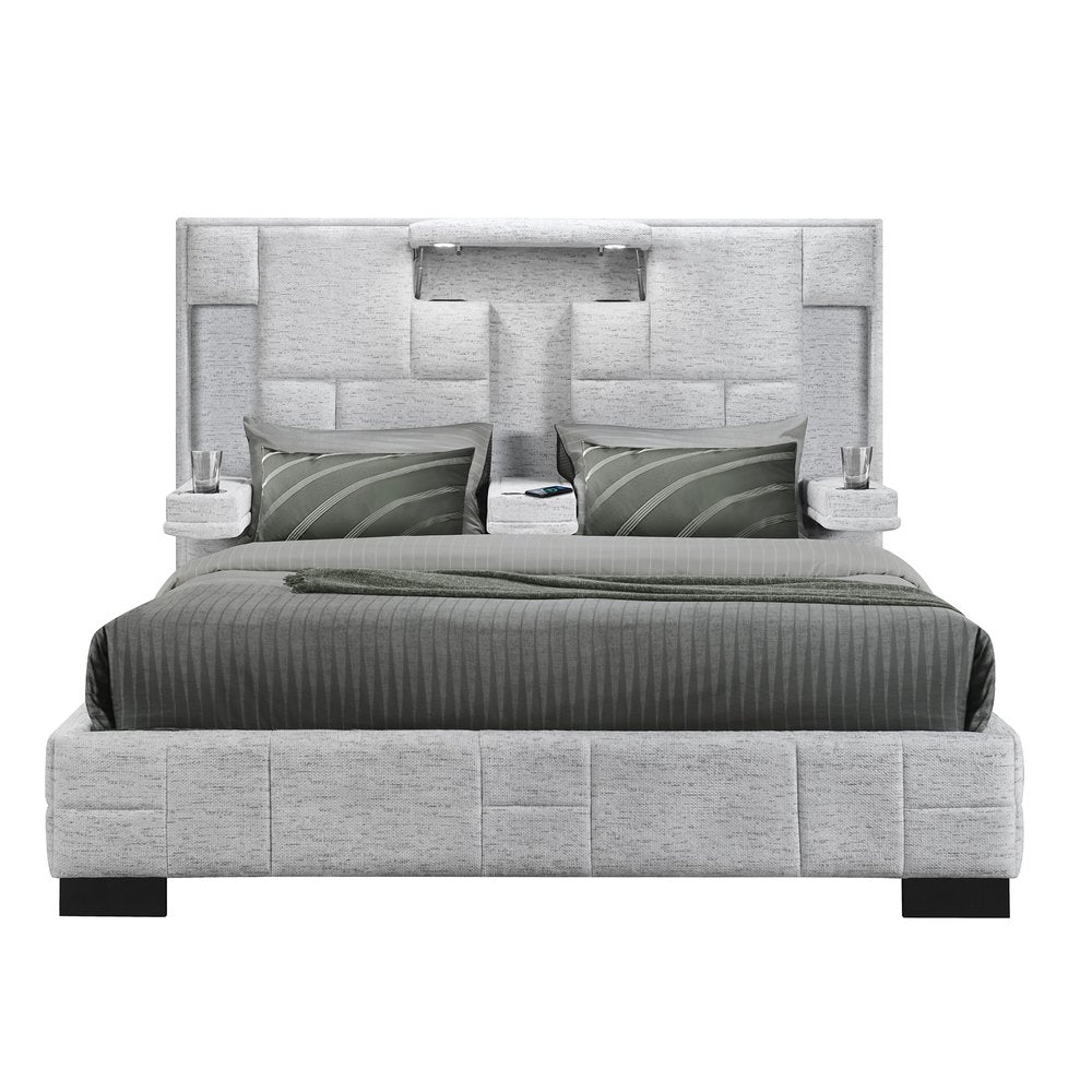 Gray Tufted Upholstery Lighted King Bed Frame