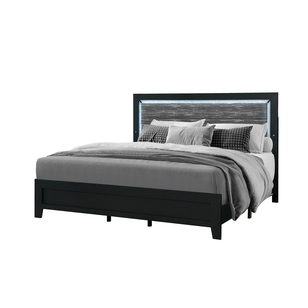 Black and Gray Wood And Velvet Lighted King Bed Frame