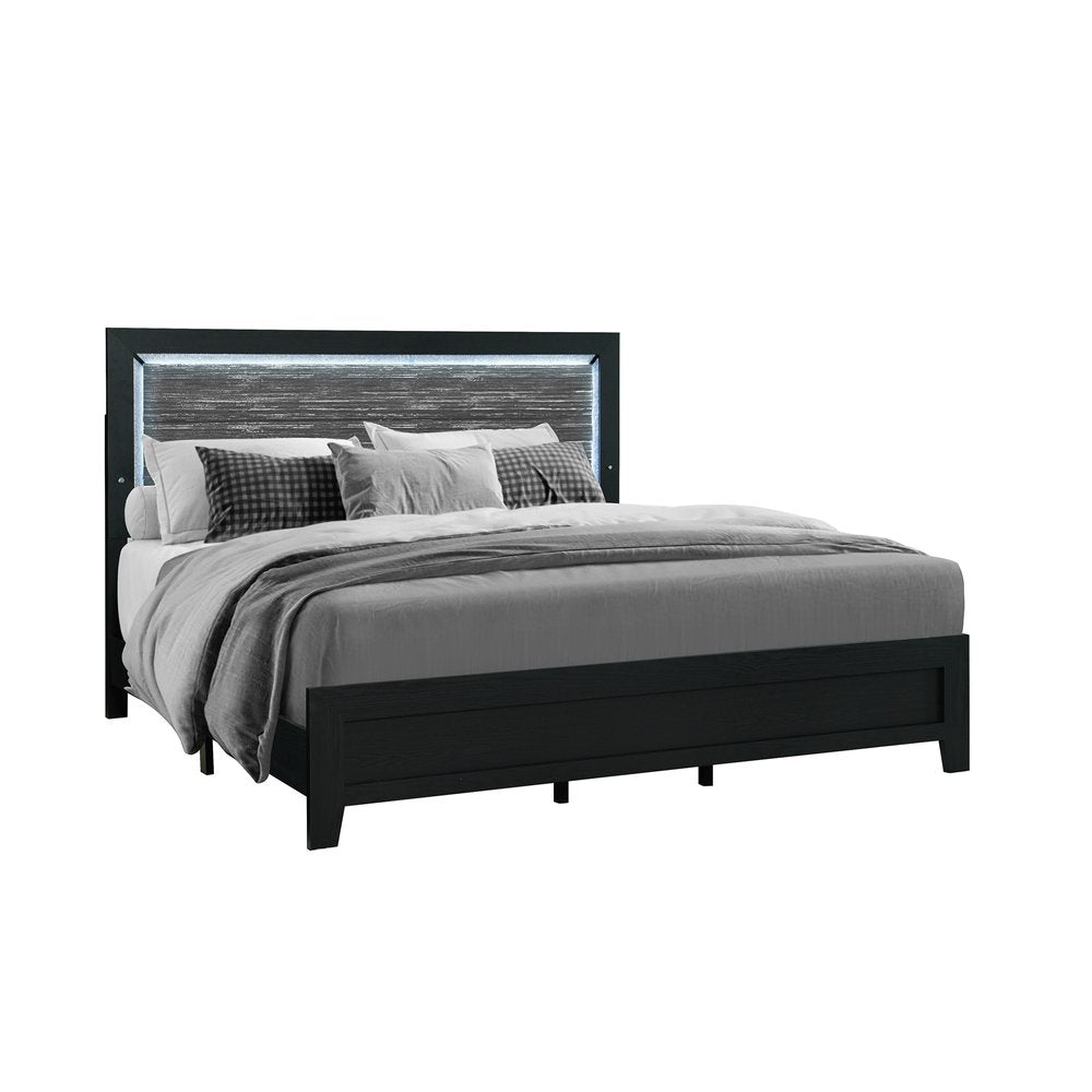 Black and Gray Wood And Velvet Lighted King Bed Frame
