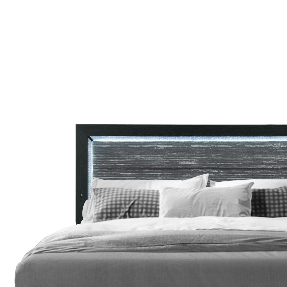 Black and Gray Wood And Velvet Lighted King Bed Frame