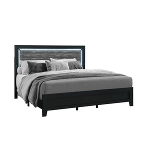 Black and Ash Gray Wood And Upholstery Lighted Upholstered Queen Bed Frame