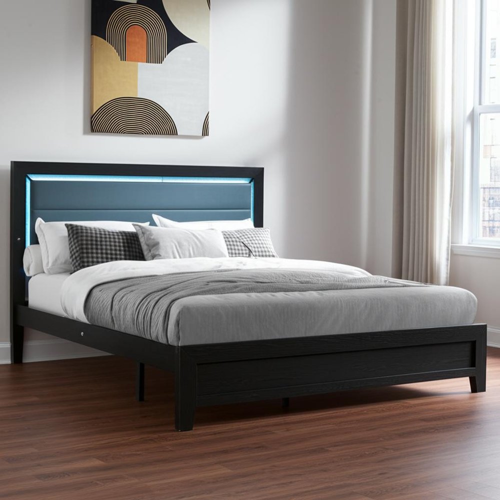 Black and Ash Gray Wood And Upholstery Lighted Upholstered Queen Bed Frame