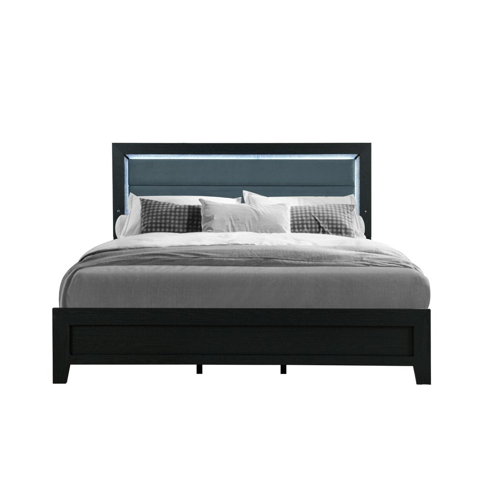Black and Ash Gray Wood And Upholstery Lighted Upholstered Queen Bed Frame