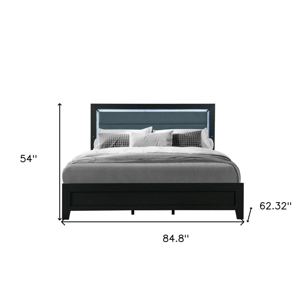 Black and Ash Gray Wood And Upholstery Lighted Upholstered Queen Bed Frame