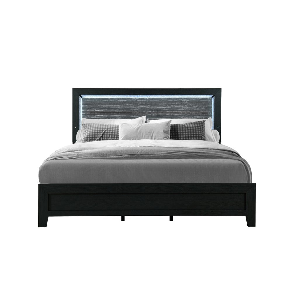 Black and Ash Gray Wood And Upholstery Lighted Upholstered Queen Bed Frame