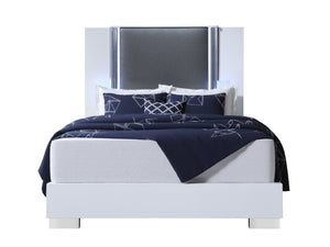 White and Gray Wood And Faux Leather Lighted King Bed Frame