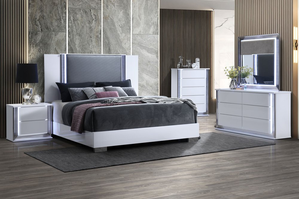 White and Gray Wood And Faux Leather Lighted King Bed Frame