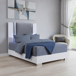 White and Gray Wood And Faux Leather Lighted King Bed Frame