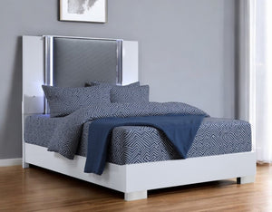 White and Gray Wood And Faux Leather Lighted Queen Bed Frame