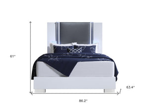 White and Gray Wood And Faux Leather Lighted Queen Bed Frame