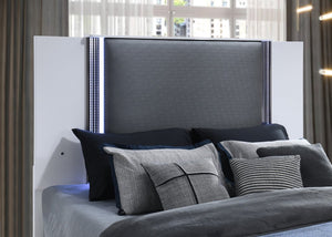 White and Gray Wood And Faux Leather Lighted Queen Bed Frame