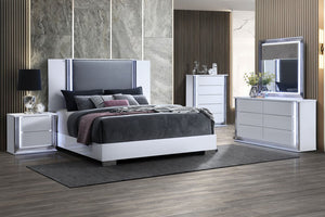 White and Gray Wood And Faux Leather Lighted Queen Bed Frame