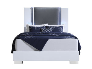 White and Gray Wood And Faux Leather Lighted Queen Bed Frame