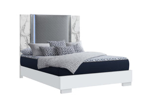 White and Gray Wood And Faux Leather Lighted King Bed Frame