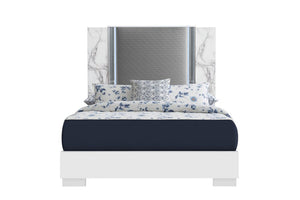 White and Gray Wood And Faux Leather Lighted King Bed Frame