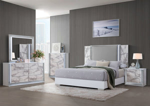 White and Gray Wood And Faux Leather Lighted King Bed Frame