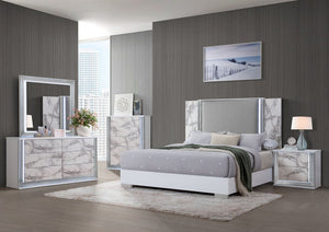 White and Gray Faux Marble And Upholstery Lighted Queen Bed Frame