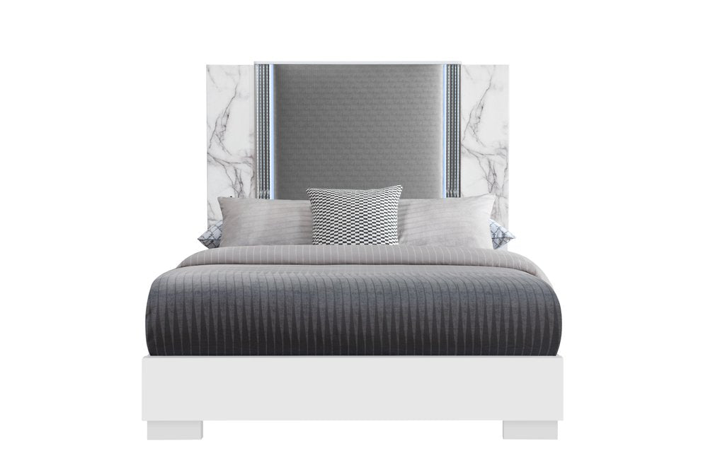 White and Gray Faux Marble And Upholstery Lighted Queen Bed Frame