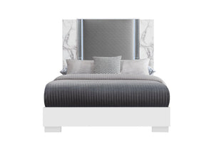 White and Gray Faux Marble And Upholstery Lighted Queen Bed Frame
