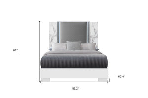 White and Gray Faux Marble And Upholstery Lighted Queen Bed Frame
