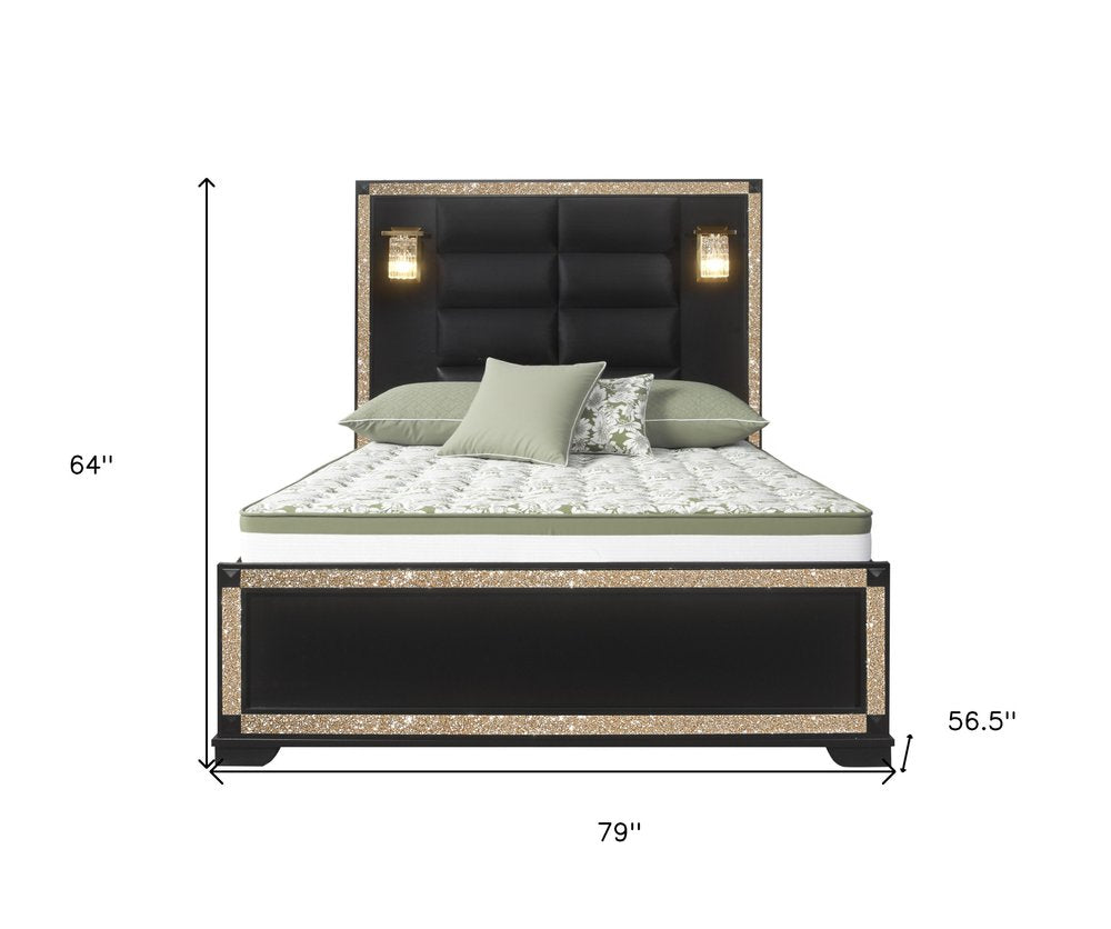 Black And Gold Faux Crystal Bling Wood And Upholstery Lighted Full Bed Frame