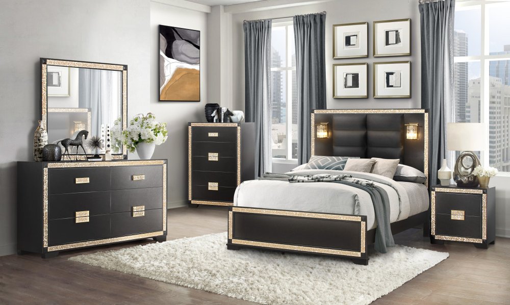 Black And Gold Faux Crystal Bling Wood And Upholstery Lighted Full Bed Frame