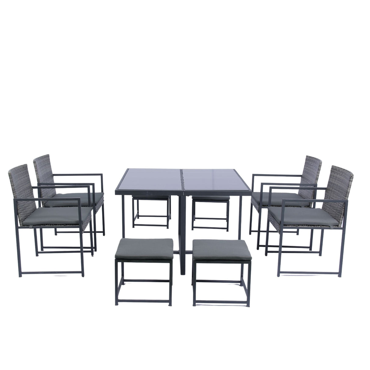 9 Pieces Patio Dining Sets Outdoor Space Saving Rattan Chairs With Glass Table Top Wicker And Cushion - Dark Gray by Couch.com