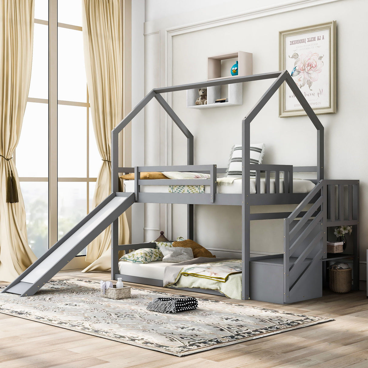 Twin Over Twin House Bunk Bed With Convertible Slide, Storage Staircase by Couch.com