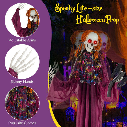 6 Feet Halloween Animatronic Standing Girl Holding Book with Sound-Activated Light-up Eyes and Moving Arms & Head