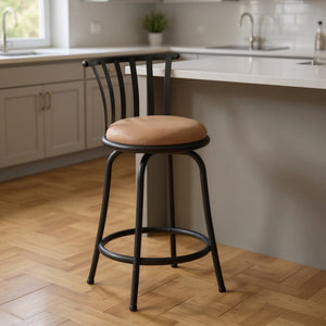 Set of Two 24" Brown and Black Microfiber and Metal Low Back Counter Height Swivel Bar Chairs