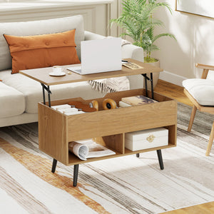 31.5 Inch Lift-Top Coffee Table with Hidden Storage and 2 Open Shelves-Natural