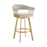 30" Taupe and Gold Fabric and Stainless Steel Low Back Bar Height Swivel Bar Chair