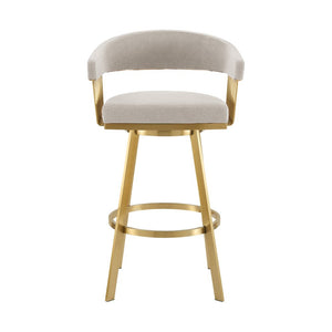 30" Taupe and Gold Fabric and Stainless Steel Low Back Bar Height Swivel Bar Chair