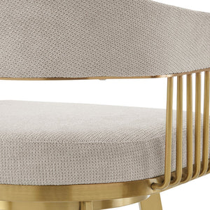 30" Taupe and Gold Fabric and Stainless Steel Low Back Bar Height Swivel Bar Chair