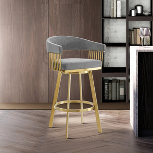 30" Gray And Gold Fabric And Steel Low Back Bar Height Swivel Bar Chair