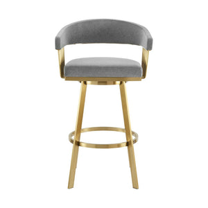 30" Gray And Gold Fabric And Steel Low Back Bar Height Swivel Bar Chair