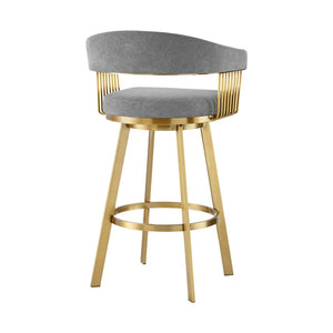 30" Gray And Gold Fabric And Steel Low Back Bar Height Swivel Bar Chair