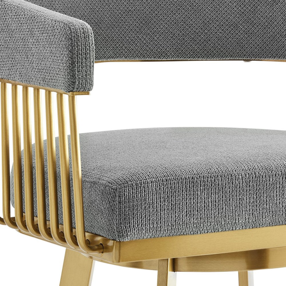 30" Gray And Gold Fabric And Steel Low Back Bar Height Swivel Bar Chair