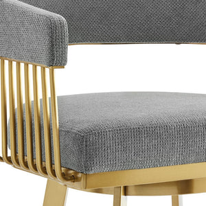 30" Gray And Gold Fabric And Steel Low Back Bar Height Swivel Bar Chair