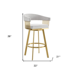 30" Silver and Gold Fabric and Stainless Steel Low Back Bar Height Swivel Bar Chair