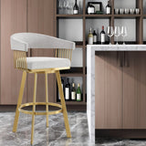 30" Silver and Gold Fabric and Stainless Steel Low Back Bar Height Swivel Bar Chair